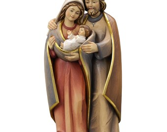 Hand Carved Holy Family Nativity, Painted Wooden Sculpture