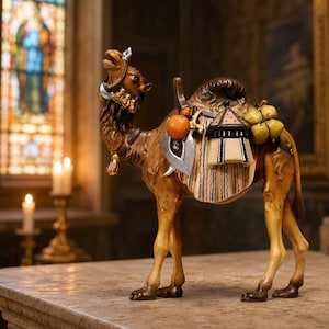 Op de afbeelding: Een bruin gesneden houten kameelfiguur in zijaanzicht. De kameel heeft een gedetailleerd zadeldek met verticale strepen en draagt een kleine oranje bol, een metalen mesachtig voorwerp, een tentvormige structuur en gele bundels.