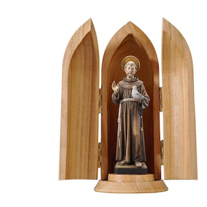 Saint François d&#39;assise dans une niche Jubilé de l&#39;année 2025, statue en bois, sculptures de statues religieuses de saint grandeur nature, religieux catholique