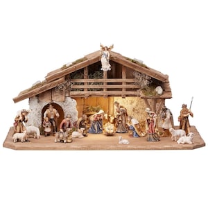 Wooden Alpine stable Kostner with lighting and 19 figurines Wooden Christmas Nativity Scene Set with Stable, Nativity Figurines, Religious