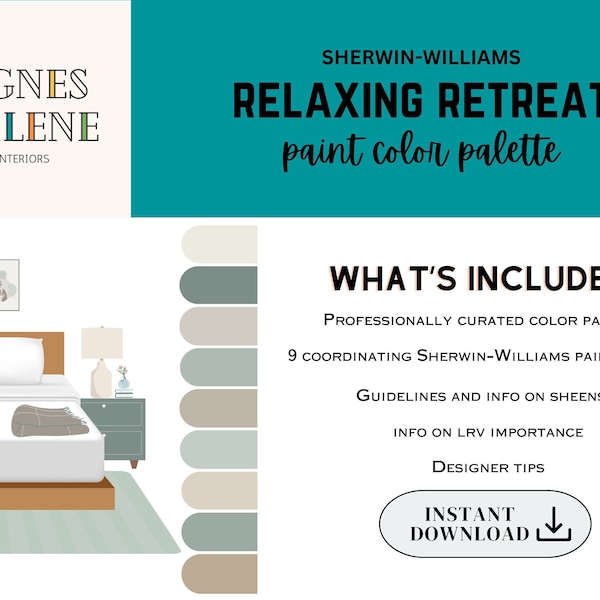 Relaxing Retreat Paint Palette | Sherwin Williams | Professional Paint | Soothing Paint Colors | Spa | Green paint