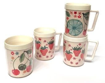 Vintage Strawberry Cherry Plastic Coffee Mugs | Set of 4 | Cottage Core Retro