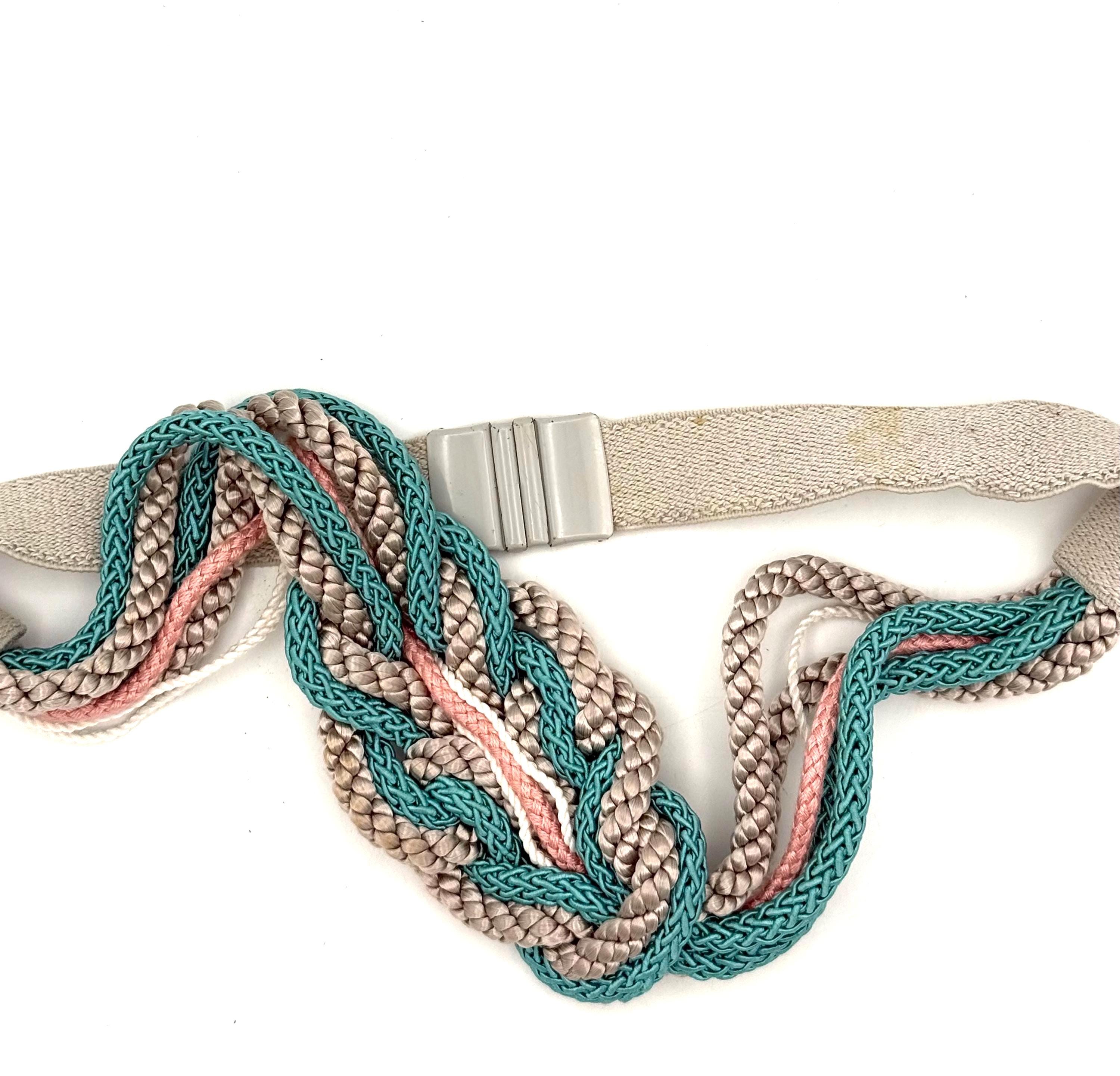 Vintage 80s Pastel Braided Rope Belt Statement Coin Charm Wide Stretch XS/S 80s Braided Rope Belt - Etsy main image 4