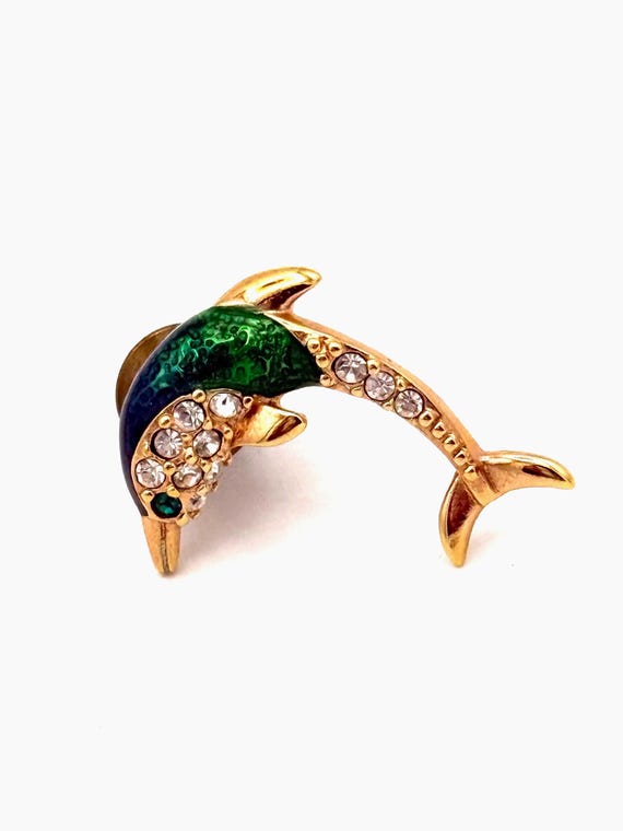 Vintage Krementz Gold Plated Blue Green Enamel Crystal Dolphin Lapel Pin Brooch