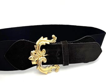 Vintage Rhinestone Buckle Belt, Black Suede & Leather, up to  display picture 3
