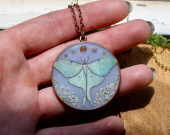 Luna Mot & echt geperst kant bloemen glas stenen lavendel paars koperen hanger
