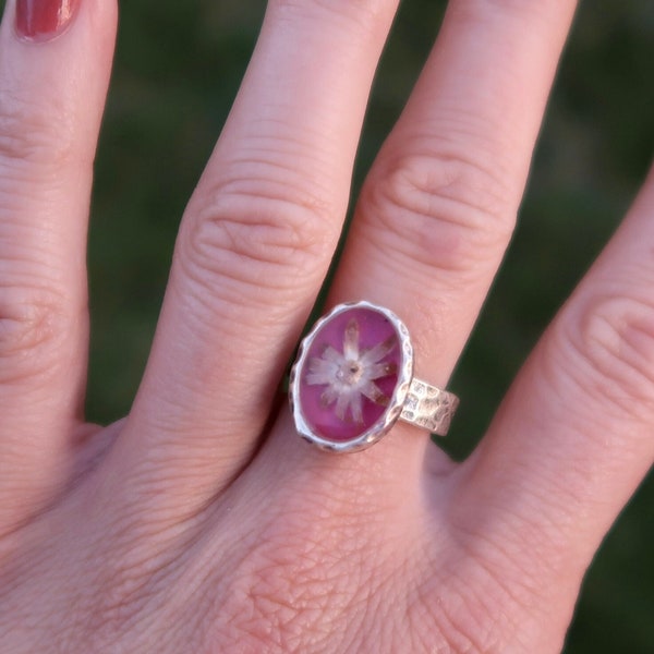 Tickled Pink - Real Pressed Flower Silver Plated Statement Ring