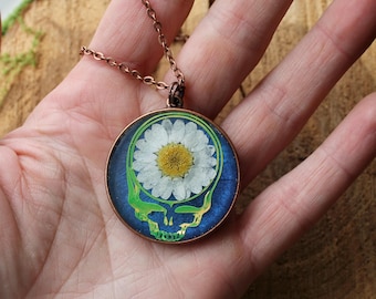 Echte geperste madeliefjes, blauwe Stealie schedel hanger, koper, Grateful Dead