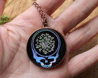 Echte geperste bloemen Stealie schedel hanger koper Grateful Dead