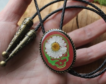 Stealie Real Pressed Daisy Flower Red Grateful Dead Genuine Leather Bolo Tie