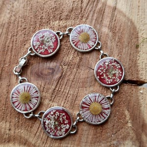 Real Pressed Daisy & Lace Flowers Red Resin Bracelet