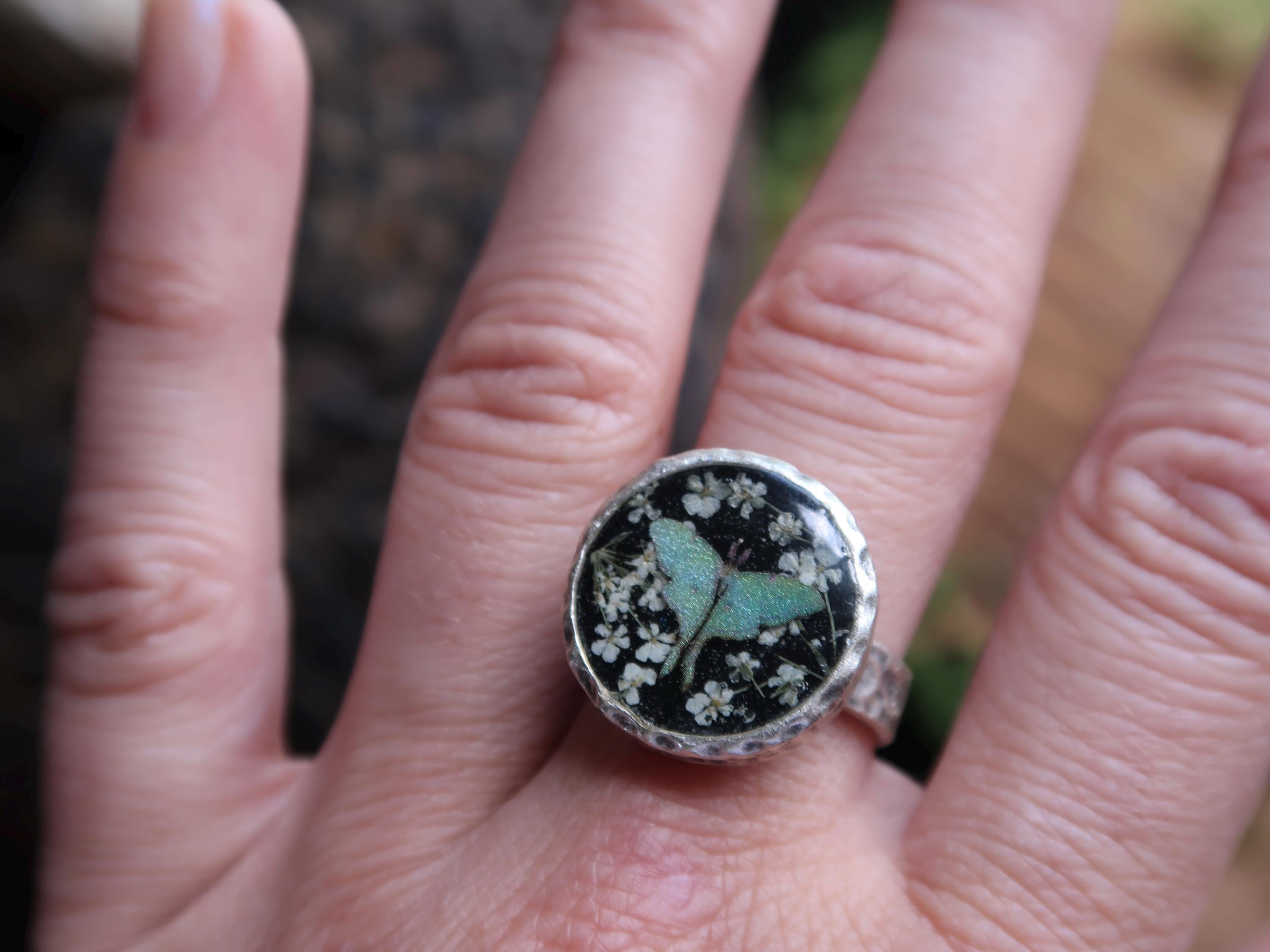 Trance - Real Lace Flower & Shimmery Paper Luna Moth Silver Plated Statement Ring
