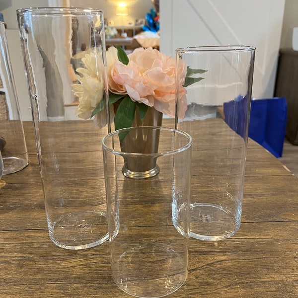 Glass Cylinder Vases Set Of 3 Decorative Centerpieces For Home Or Wedding 9”7.5@”-6”tall 3.25” diameter.