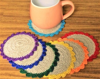 Crochet Linen Round Cup Coasters Set, Small Round Hot Coasters, Round Cup Holder, Crocheted Drink Coasters, small round pot holders