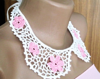 Crochet Lace Collar, White Cotton with Pink Flowers, Vintage Neck Accessory