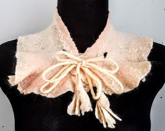 Felted wool Collar, Light Cream Collar with Floral Ties