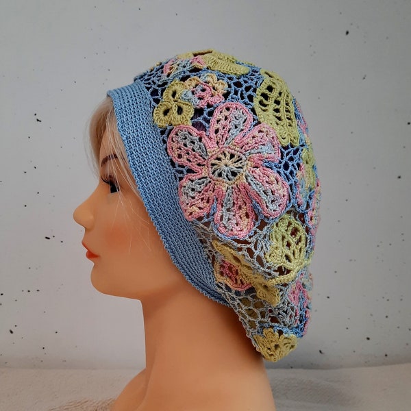 Women's Cotton Lace Beret with Flowers and Leaves, Openwork Beanie Hat Crochet Irish Lace, Delicate Flowers and Leaves, Sun Protection Hat