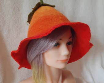 Handmade Felted Wool Sauna Hat, orange bellflower hat