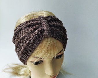 Handmade knitted headband in melange brown color, women's 3D wool retro style headband, spring-autumn-winter turban, women's warm head cover