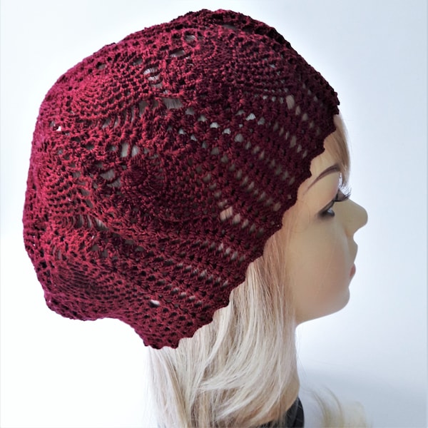 Women's summer beret crocheted, Crochet burgundy Hat, Summer Cotton Beanie Hat, Lace Beret, voluminous summer hat, french style beret