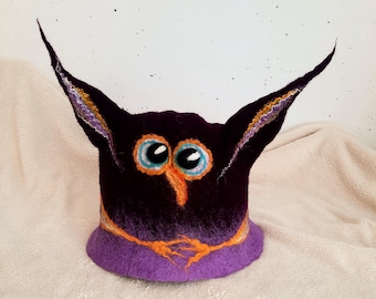 Handmade Felted Wool Sauna Hat, Funny Owl Print, Cozy Purple