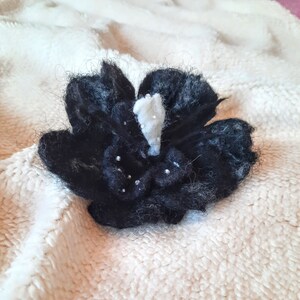 Felted Wool Hibiscus Brooch, Black Flower with Bead Embroidery