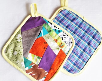 Patchwork Potholders Set, Handmade Cotton Kitchen Decor