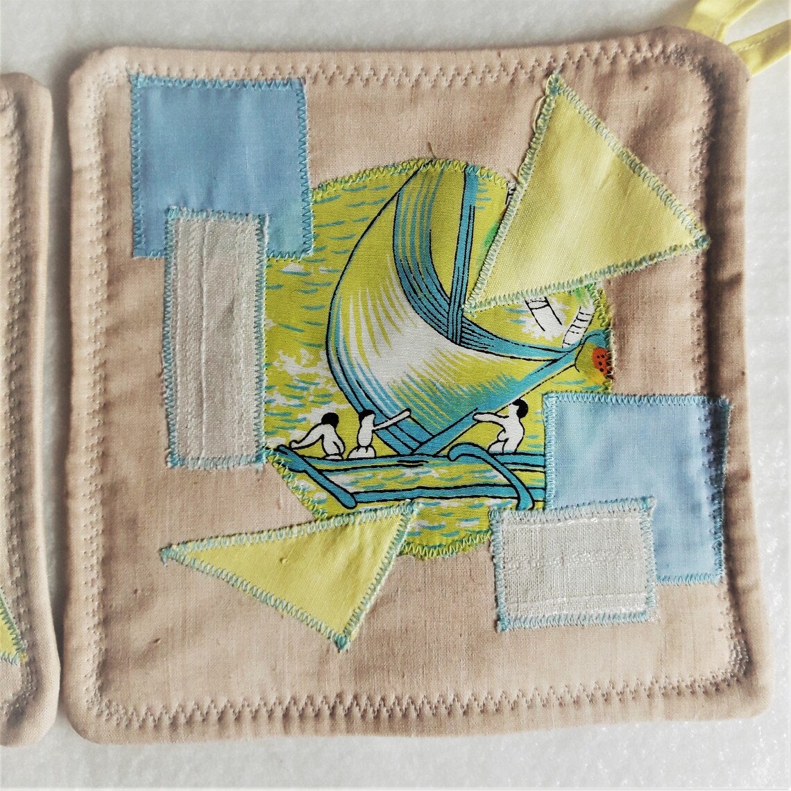 Set of 2 Pot Holders patchwork with Abstract Applique Cotton Etsy