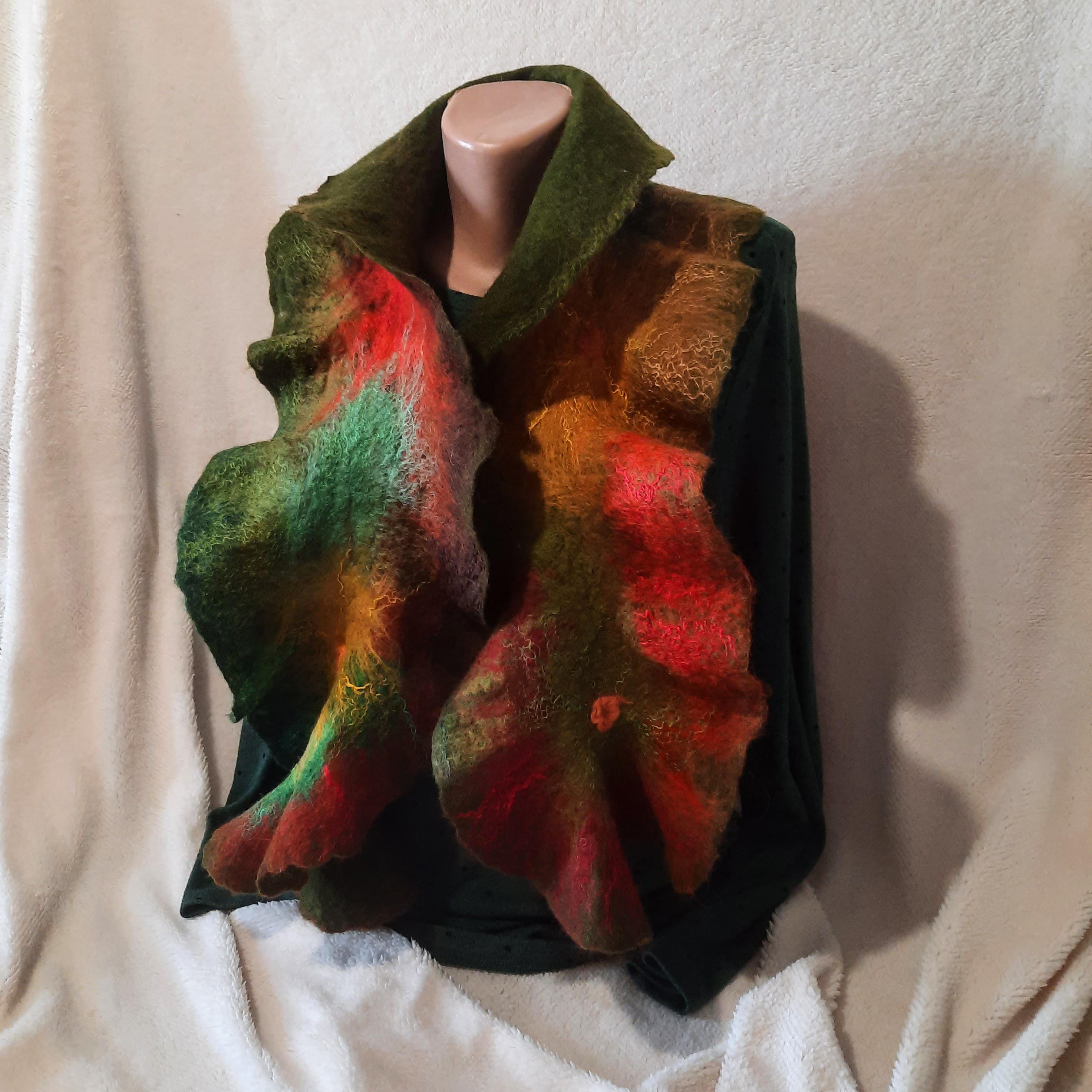Felted wool long scarf, Brown Green Red Orange Watercolor floral Print