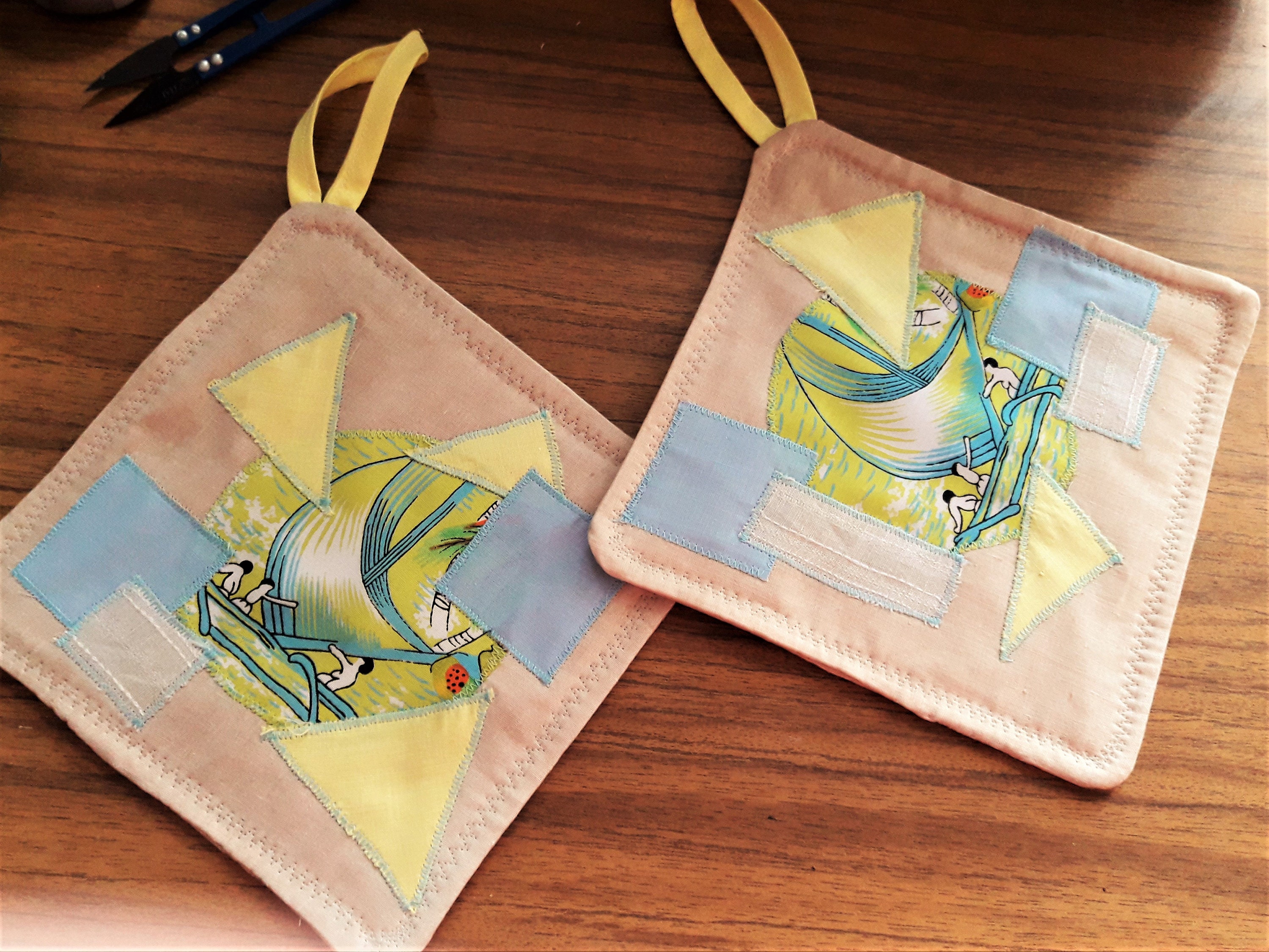 Set of 2 Pot Holders patchwork with Abstract Applique Cotton Etsy