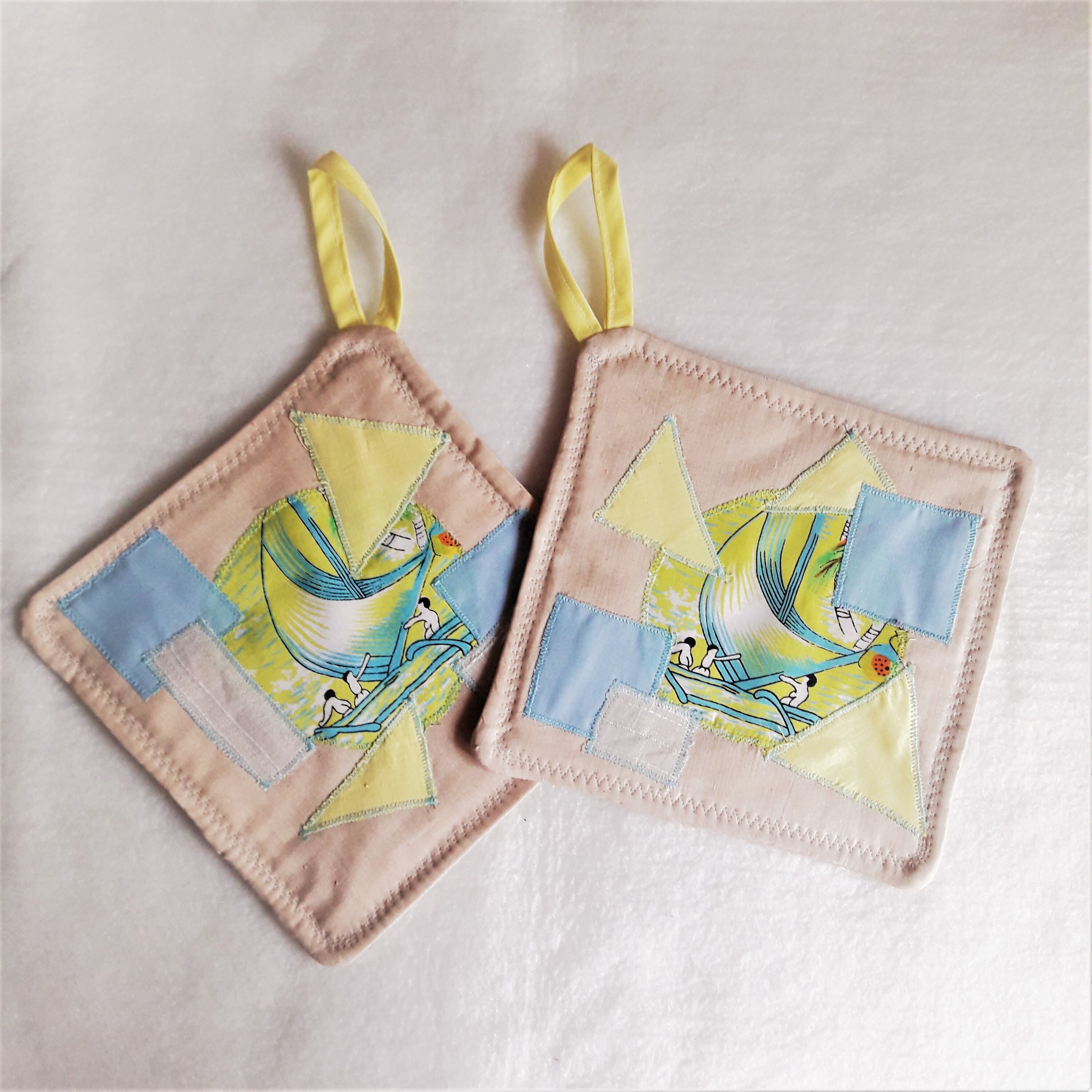 Set of 2 Pot Holders patchwork with Abstract Applique Cotton Etsy
