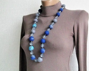 Women's elegant blue felted wool necklace with beads, romantic necklace in boho style made of felt, long necklace made of felt and beads
