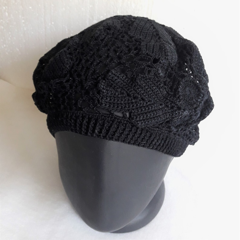 evening beret for lady cotton beret irish lace leaves beanie sun hat summerspring Black crochet hat for women voluminous summer hat