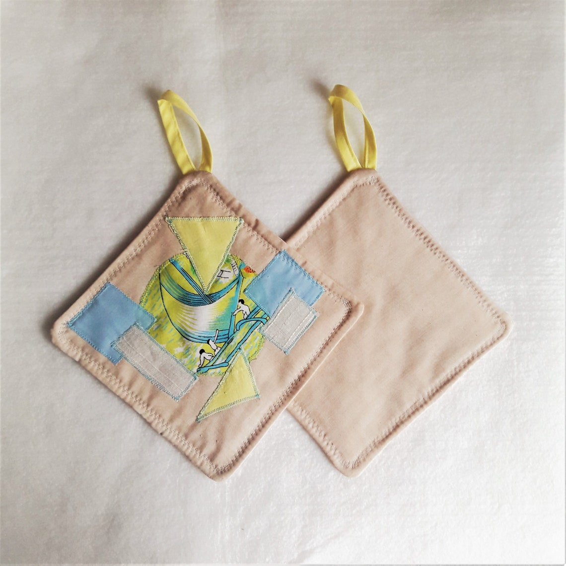 Set of 2 Pot Holders patchwork with Abstract Applique Cotton Etsy