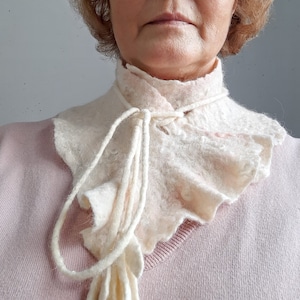 Felted Merino Wool Scarf Collar: Light Cream Collar with Floral Ties