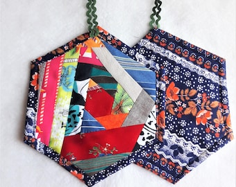 Patchwork Pot Holders, Set of 2 Hexagonal Cotton Oven Mitts