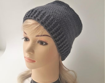 Handmade Dark Gray Wool Crochet Beanie, Warm Winter Hat