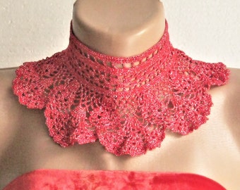 Crochet Lace Choker Collar, Red Silver Victorian Neck Cover