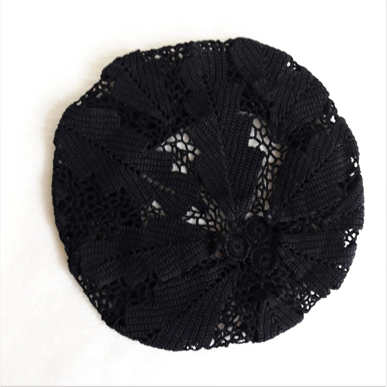 evening beret for lady cotton beret irish lace leaves beanie sun hat summerspring Black crochet hat for women voluminous summer hat