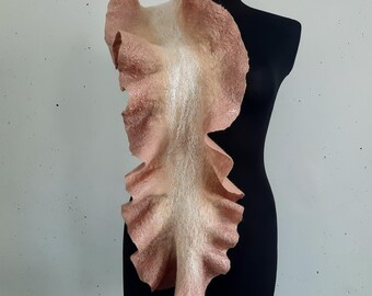 Felted wool scarf, beige winter wavy scarf-shawl