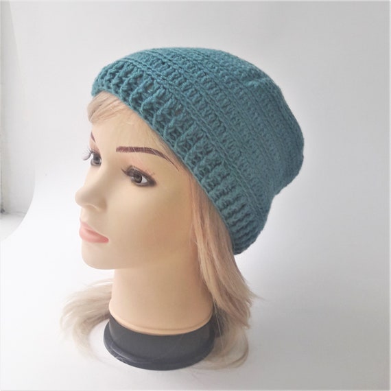 Handmade Crochet Wool Beanie, Turquoise Slouch Hat, Autumn  display picture 3