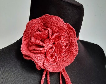 cotton crocheted oversize flower choker, red Rose necklace, Handmade flower necklace, Rossette choker, stylish crochet rose flower necklace