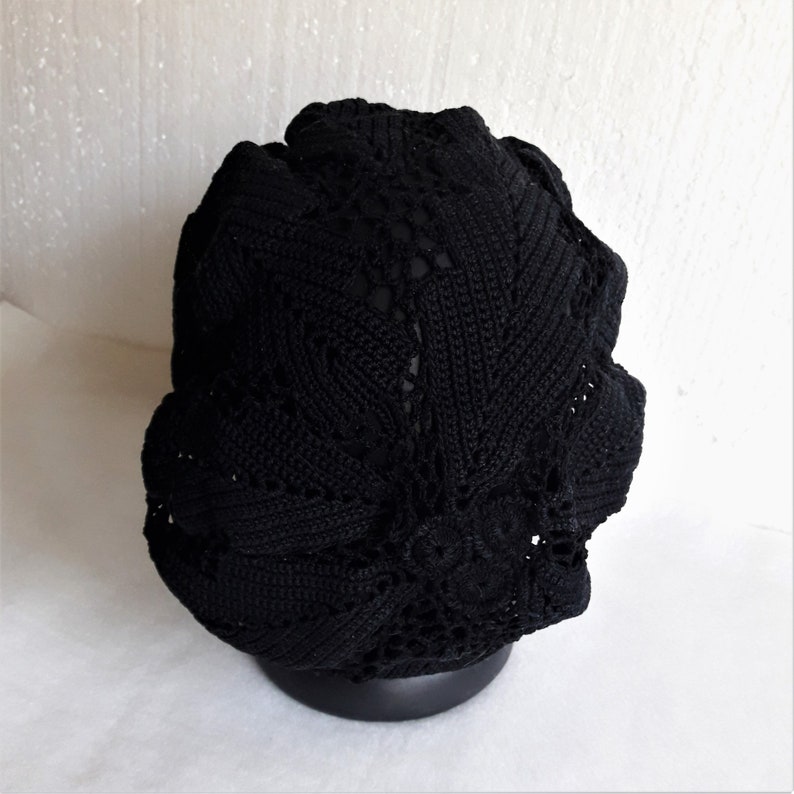 evening beret for lady cotton beret irish lace leaves beanie sun hat summerspring Black crochet hat for women voluminous summer hat