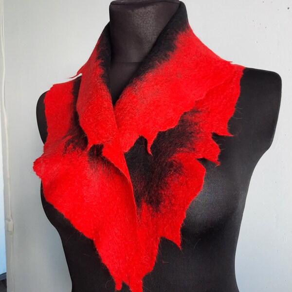 Women's felted wool scarf-collar black and red, winter-spring wool scarf, warm felt collar, felt neck warmer, cozy scarf, warm neck cover