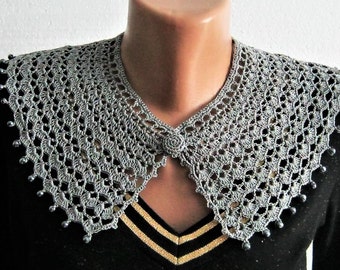 Detachable lace collar Gray with beads, Gray Crochet Collar, Neck Accessory,  boho style crochet collar, eco friendly gift, Gift for her