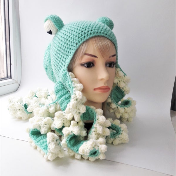 Octopus Hat, Crochet Octopus Hat light green and light cream, Kid's or Adult's Kraken Hat, Carnival Costume, Crazy Hat, halloween hat