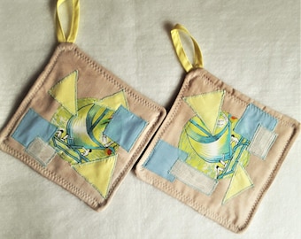 Abstract Patchwork Potholders: Set of 2 Cotton Handmade Kitchen Decor