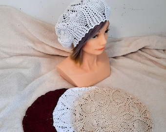 Crochet Cotton Beret, Women's Summer Lace Sun Hat