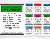 Custom Board Game Property Card Title Deed Design DIGITAL ART FILE Housewarming Gift, Classic Board Game Prints, Game Room Decor