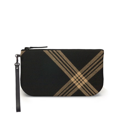 Celtic Black Tartan Clutch Bag - Plaid shops Purse - 100% Wool & Suede - Black and Brown Tartan